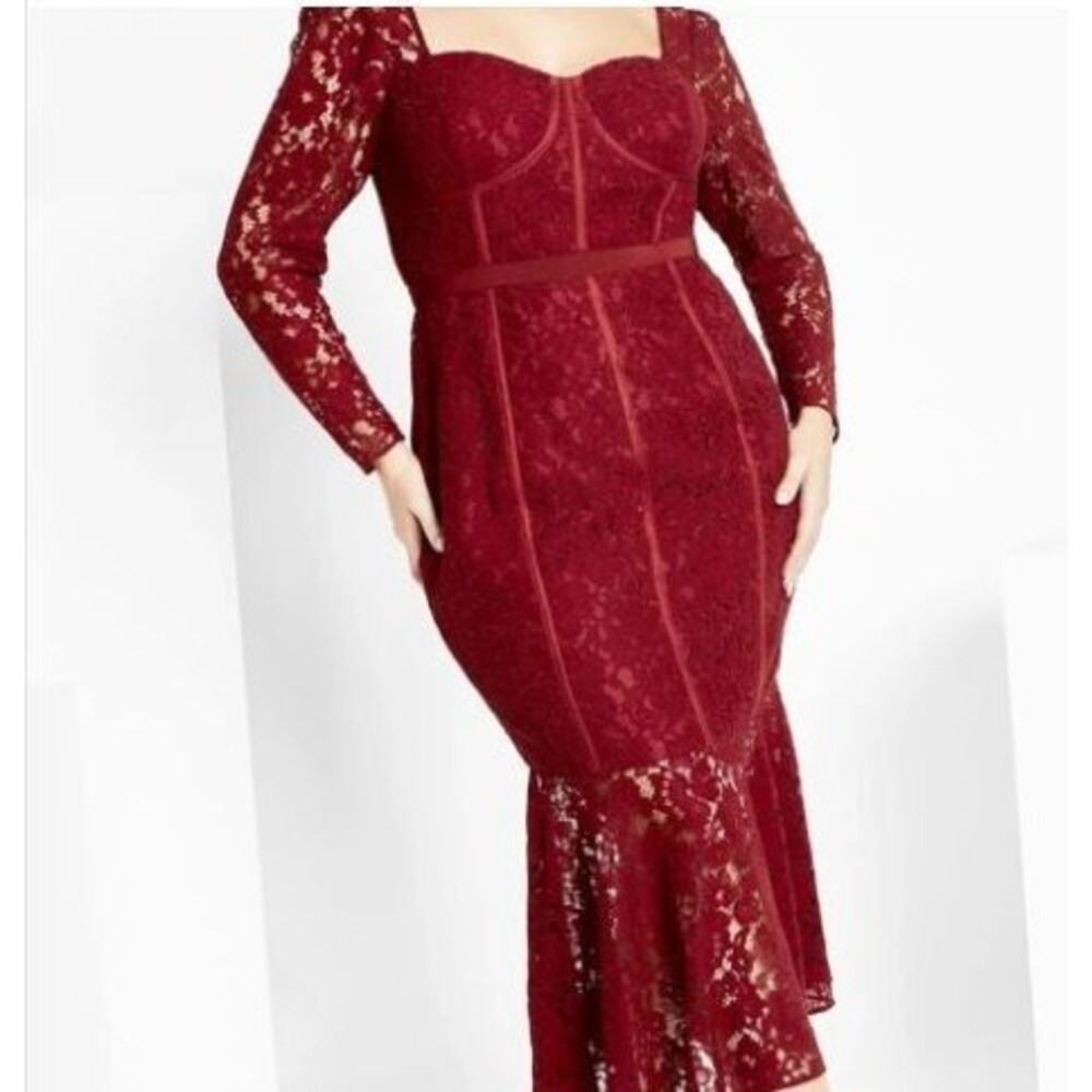 City Chic Burgundy Red Lace Midi Mermaid Corset Bodycon Long Sleeve Dress Sz 18